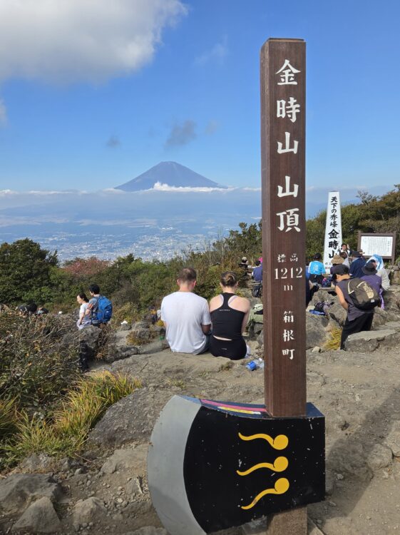 金時山山頂の山頂標識と富士山
